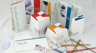 Image of Trellis packaging design by student that includes menus napkins takeout boxes etc
